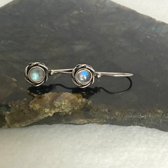 Sterling Silver 925 Round Floral Moonstone Drop Dangle Earrings - Picture 12 of 16